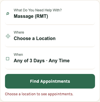Knead search form with Massage (RMT) selected, a location field, a date and time field, and a Find Appointments button.